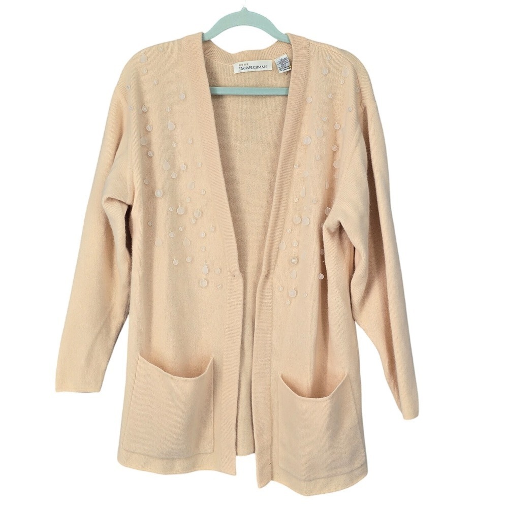 Dana Buchman Merino Wool Angora Cardigan Women Medium Cream Embellished, Pockets
